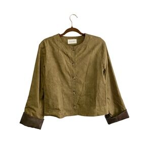 Elle‎ Grey Button Front Crop Jacket Faux Leather Trim Olive Tan Size M/L